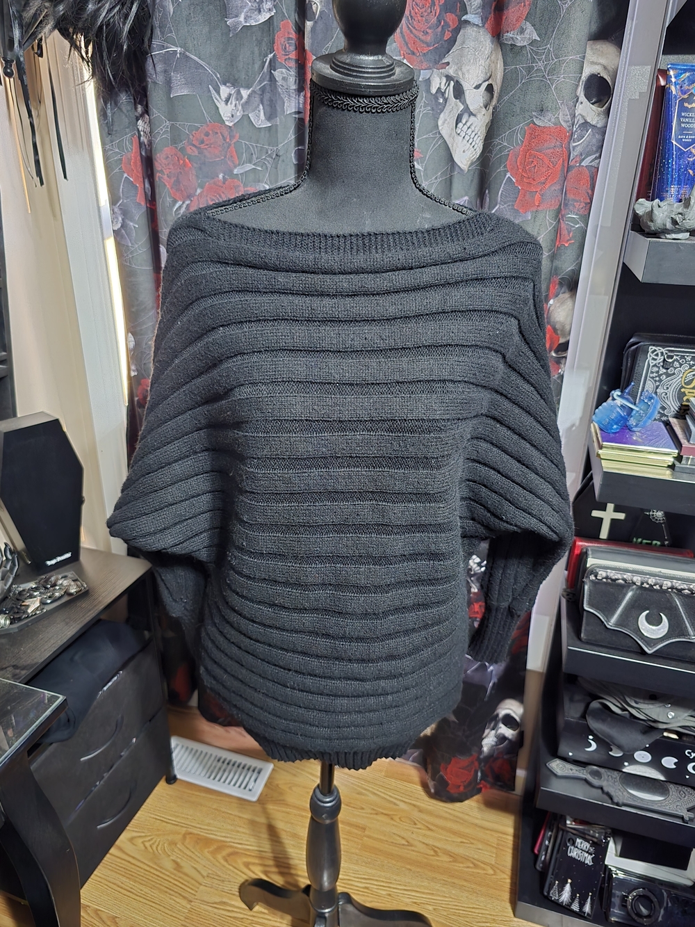 Black Ribbed Boatneck Women's Batwing Sweater